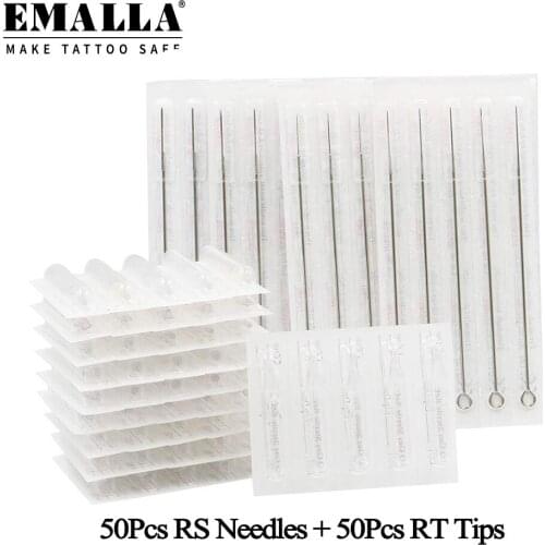 EMALLA Disposable 50PCS 3RS 5RS 7RS 9RS 11RS Tattoo Needles and 50PCS 3RT 5RT 7RT 9RT 11RT Grey Tattoo Tips Tattoo Needles Kit