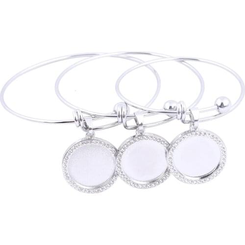2pcs Stainless Steel Charm Bracelet Bezel Tray Blanks Fit 20mm Rhinestone Cabochon Base Setting Diy Wire Bangle Accessories