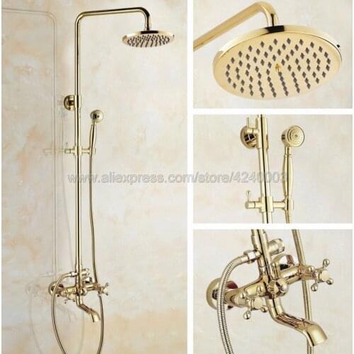 Golden Finish Bathroom Shower Faucet Double Handle Mixer Tap with Hand Shower Tub Mixer Tap Kgf384