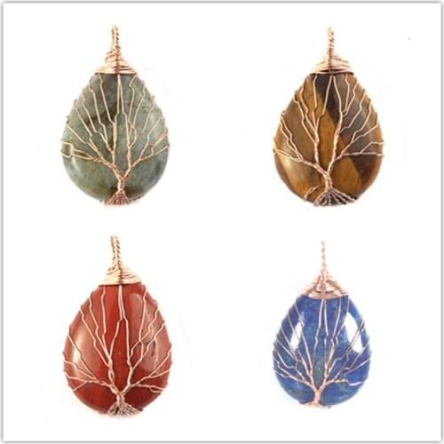 Trendy-beads Rose Gold Color Wire Wrapped Labradorite Stone Water Drop Pendant Rose Pink Quartz Jewelry