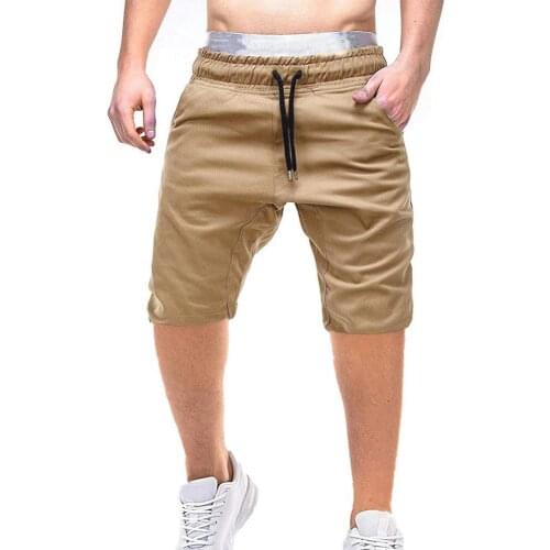 Men Sporty Shorts Solid Color Drawstring Pockets Cotton Knee-length Trousers