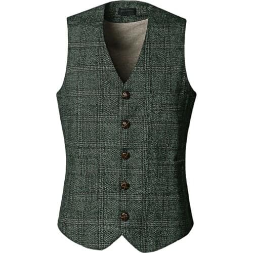 Mens Vintage Business Vest Plaid Classic Coat Tweed Slim Fit Formal Waistcoat for Wedding Groomsmen