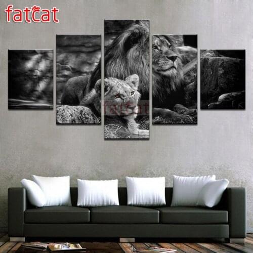 FATCAT Nordic style 5 Piece Diy Diamond Painting Black white lion Full Square Round Drill Diamond Embroidery Sale Animals AE1207