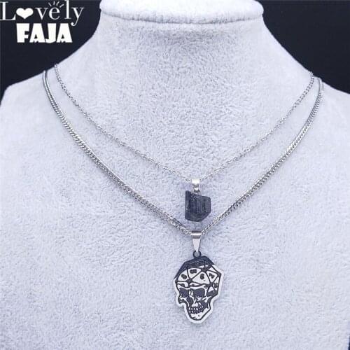 2PCS Gothic Skull Chain Necklaces Black Natural Stone Stainless Steel Silver Color Statement Necklace Women Jewelry gothique NXS