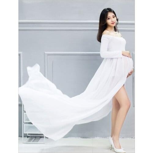 Maternity Dress For Photo Shooting Boat Neck White Dress Maternty Photography Props long Sleeve Stretch Cotton Pregnant Dress