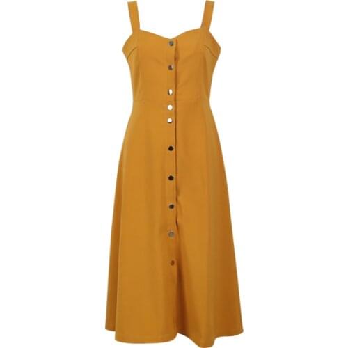 PERHAPS U Yellow Button Square Collar Split Strap Midi Dress Fit And Flare Summer Elegant Party Women Female D0320