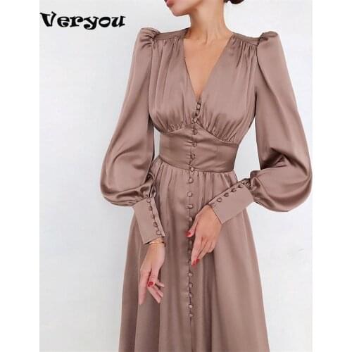 Womens Elegant Spring Satin Bishop Sleeve A-line Dress Women V-Neck High Waist Button Dress Solid Color Chic Long Dresses