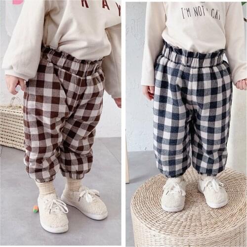 Casual Grid Trousers Children Baby Boys Girls Pants Winter Spring Warm Toddler Thicken Plus Velvet Kids Pocket 2021 High Quality