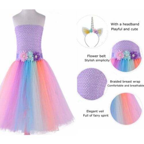 Costume Rainbow Mesh Dress Kids Tulle Dress Girl Dresses with 3d Flowers and Hairband for Party