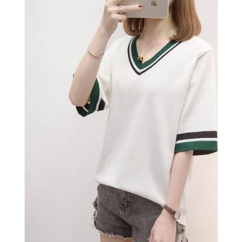 Plus size Summer Knit Sweater 2021 New Vintage Ladies Tops Striped Blusa Red Elasticity Short Sleeve Blue Loose Women Tops