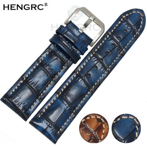 HENGRC Fashion Genuine Leather Watch Band Belt 20mm 22mm Brown Blue High Quality Men Strap Metal Needle Buckle For Panerai