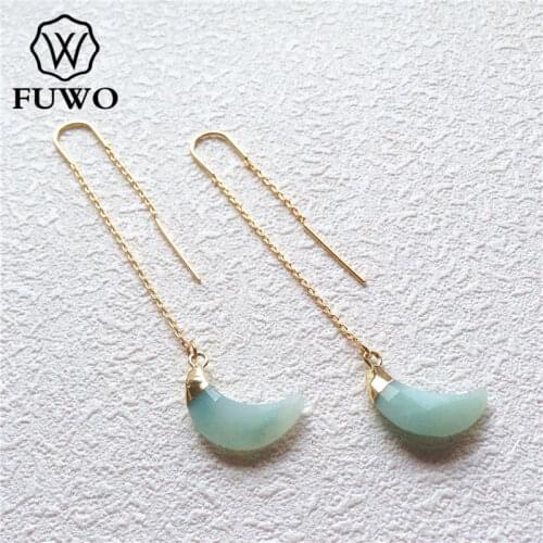 FUWO Natural Amazonite Stone Earrings With 24K Gold Filled Minimalist Design Crescent Threader Earrings For Women ER017