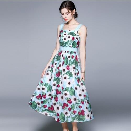 High Quality Tulip Printing 2021 Summer Spagtetti Stap Women Elegant Square Collar Draped A Line Office Casual Long Dresses