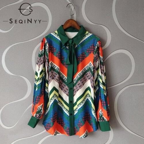SEQINYY Summer Spring Shirt New Fashion Design Women Runway Pleated Lantern Sleeve Geometric Flowers Print Elegant Top