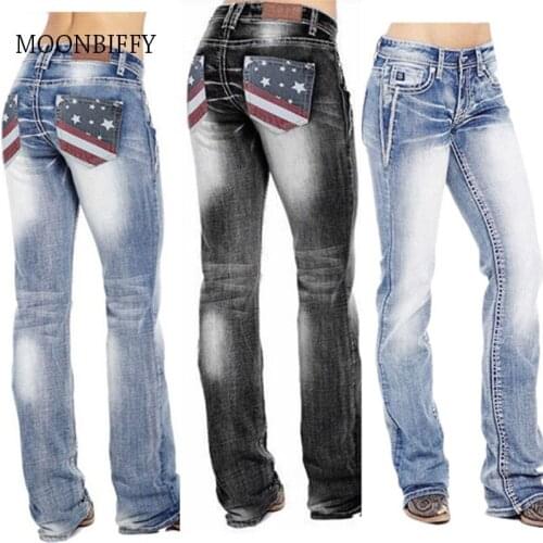 Women Embroidered Jeans Pocket Denim Print Pants Female Slim Straight Pants Casual Long Jeans Pantalon Femme Streetwear