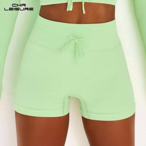 CHRLEISURE Sports Cycling Shorts Woman Fashion Casual Candy Color Shorts Women Knitted Fitness Belted Track Workout Shorts