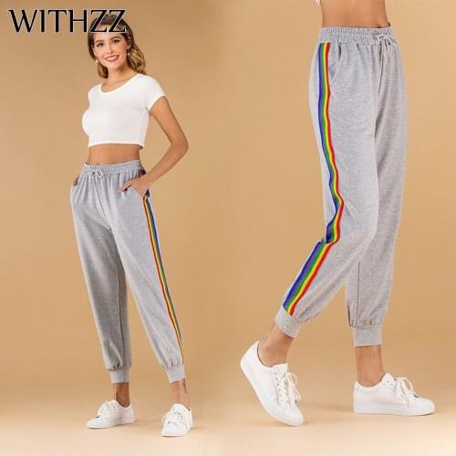 WITHZZ Spring Middle Waist Trousers Womens Loose Bottoms Rainbow Stripe Bandage Sports Casual Pants