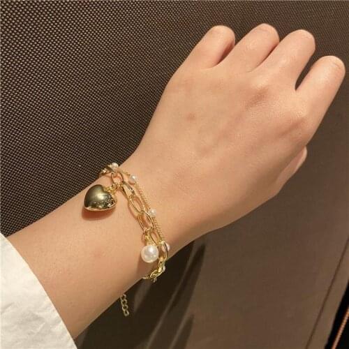 Korean Pearl Love Double-layer Bracelets Female Fashion Ins Style Bracelet for Girls Small Fresh Sweet Jewelry Accessories