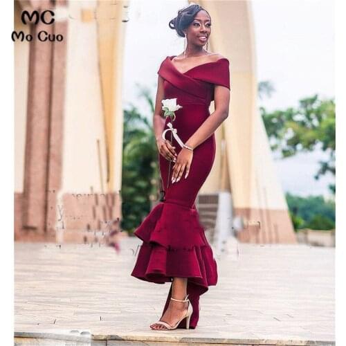 Burgundy Mermaid Bridesmaid Dress Off the Shoulder Ruffles Wedding Party Dress Elastic Satin Women Bridesmaid Dresses