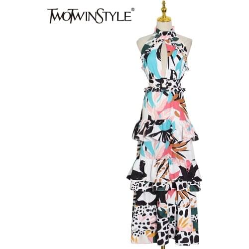 TWOTWINSTYLE Sexy Print Sashes Slim Dress For Women Stand Collar Sleeveless High Waist Hollow Out Midi Dresses Female New Summer
