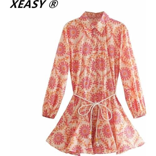 XEASY Women 2021 New Vintage Totem Floral Print Hem Pleat Ruffles Mini Shirt Dress Female Chic Lace Up Sashes Casual Vestidos