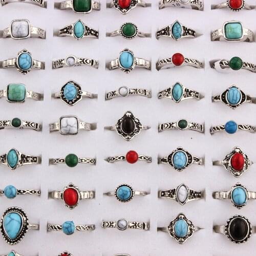 Mixed Bohemia Style Natural Blue Red Stone Rings Tibetan Silver Tone Size 16 17 18 Finger Rings Jewelry For Woman 10pcs