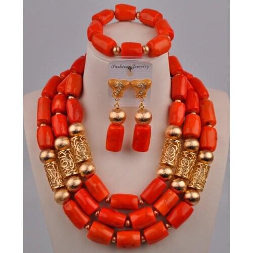 3 Layers Choker Coral Beads Jewelry Set Including Bracelelt +Earrings +Necklace Orange / Red / White Color Bridal Set 21-E3-L2