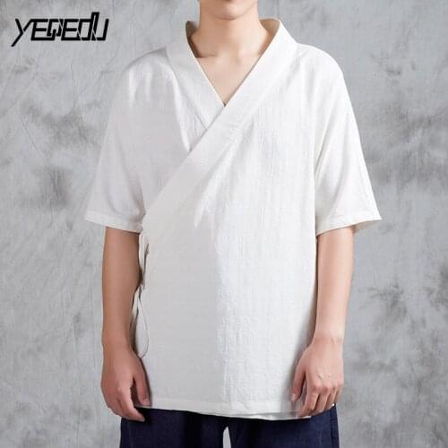 #4305 Summer Kimono Coat Male Plus Size V-neck Side Push Up Vintage Linen Traditional Chinese Kimono Jacket Men Streetwear Tide