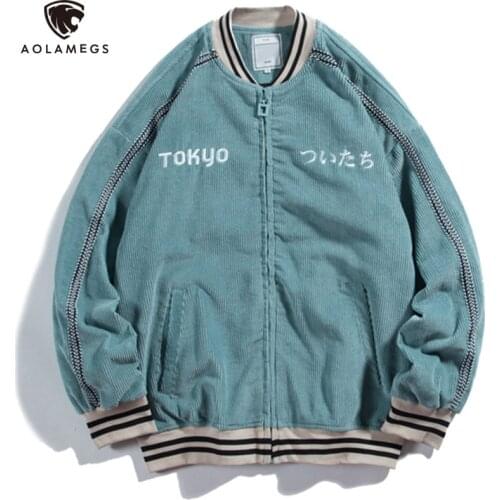 Aolamegs Jackets Men Letter Bear Shape Embroidery Varsity Jacket Japanese Harajuku Loose Retro Parkas Fashion Streetwear Unisex