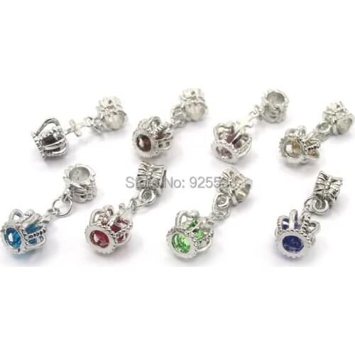 Free Shipping fashion jewelry 10pcs silver plated crown pendant with rhinestone inside beads charms fit European bracelet DIY