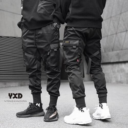 Men clothing man streetwear Ribbons Color Block Multi-pocket Punk hip hop Cargo Pants mens joggers Harajuku Sweatpant Trousers