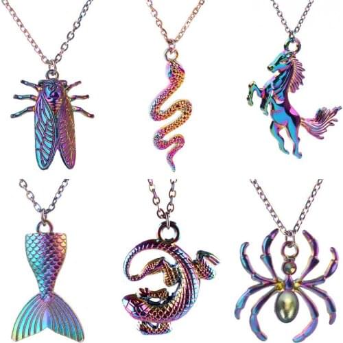 Simple Animal Snake Cicada Horse Pendant Chain Necklace Alloy Trendy Mermaid Tail Spider Choker Women Birthday Gift Jewelry Diy