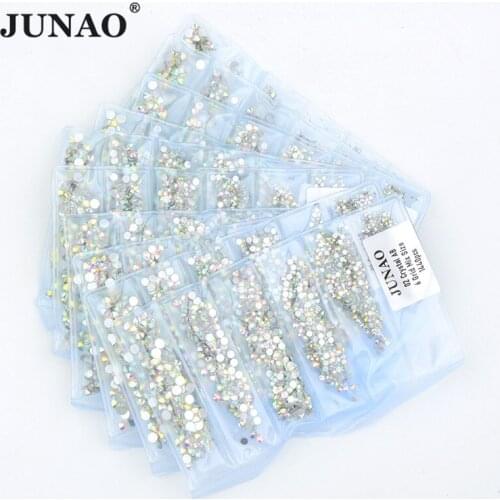 JUNAO 1440pcs 6 Grid 1 Pack Mix Size Crystal AB Nail Rhinestones Decoration Flat Back Glitter Gems Beads for Nails Accesorios