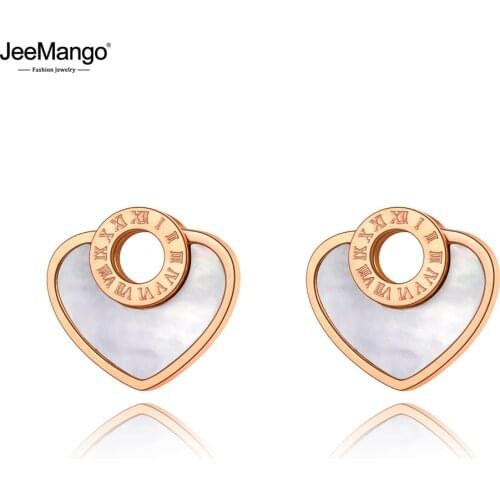 JeeMango Trendy 316L Stainless Steel White Shell & Black Acrylic Heart Roman Numeral Wedding Earrings Jewelry For Women JE20085
