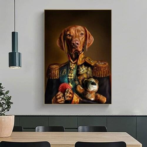 Dog In Military Uniform Canvas Paintings Classical Animals Dog Posters and Prints Wall Art Pictures for Living Room Home Decor