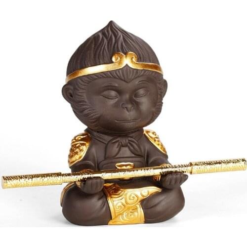 Chinese Style Purple Clay Monkey King Tea Pet with Cudgel Ceramic Kung Fu Small Teaset Creative Animal Statue Home Office Tea