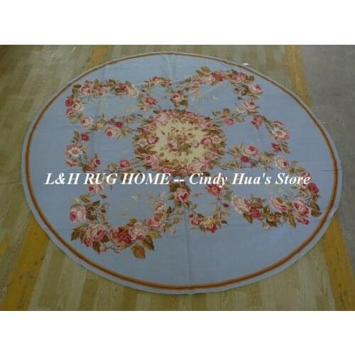 Free shipping 8' X 8' Round Handmade Floral Roses carpets Wool Needlepoint Rug blue field high quality