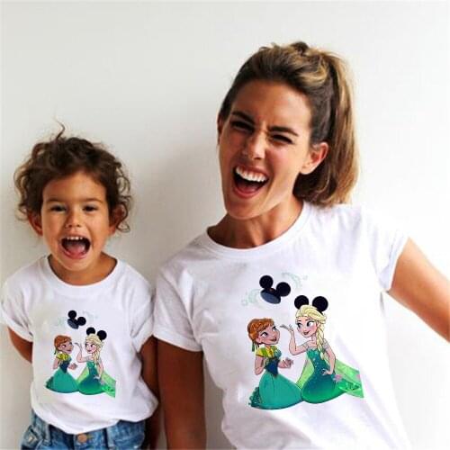 Frozen Disney Princess Elsa Anna Printed Mommy And Me T Shirt Summer Short Sleeve White O-neck Family Matching Clothes Tee Shirt