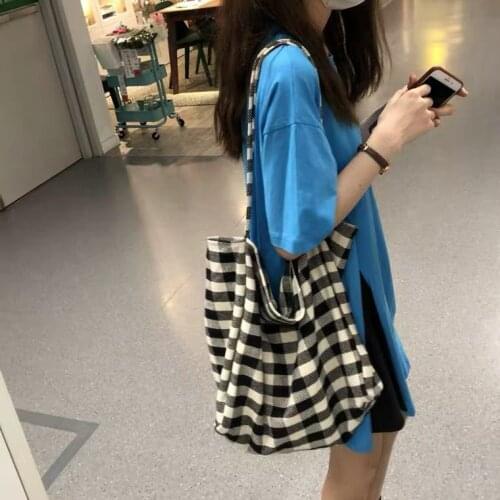 Fashion Womens Canvas Tote Shoulder Large Shopping Bag Plaid Eco Large Capacity Ladies Purse Pouch Girls Student Book Handbags