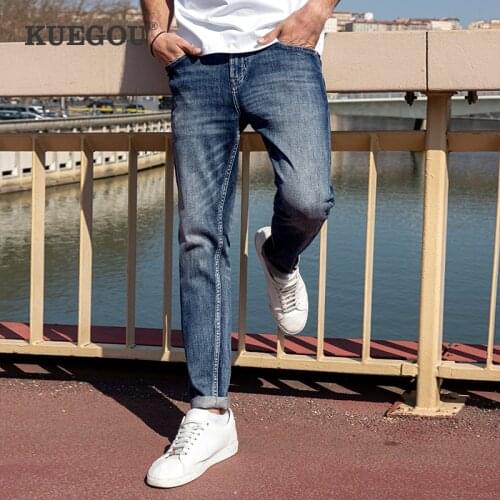 KUEGOU 2021 Autumn Winter New Clothing Men Jeans Simple Scratched Slim Fim Fashion Stretchy Wash Denim pants Plus Size LK-1962