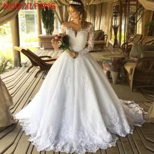 NUOXIFANG 2020 New White Vintage Lace Appliques Ball Gown Wedding Dresses Sheer Back Long Sleeves Wedding Gowns robe de mariee