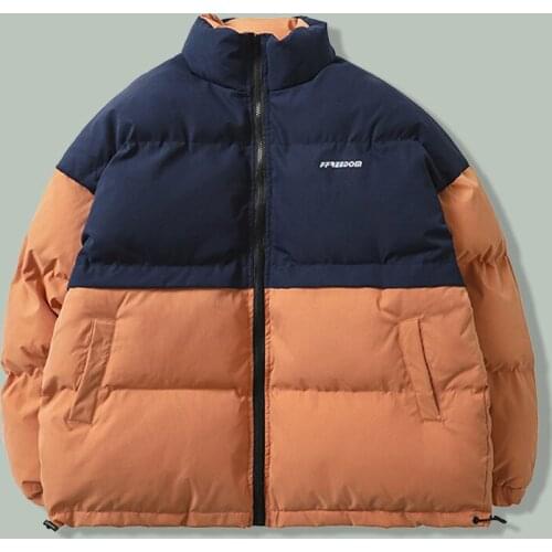 Harajuku Orange Patchwork Color Contrast Parka Hip Hop Streetwear Campus Parkas Winter NEW Thicken Keep Warm Unisex Jacket Coat