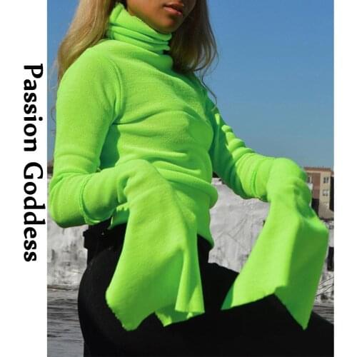 Autumn Winter Women Knitted Turtleneck Shirts Ribbed Tops Fluorescent Green Flying Split Long Sleeve Warm T Shirt Sweater Tee
