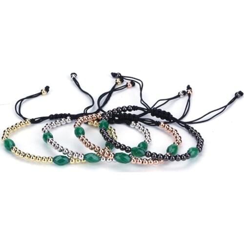 Oval Faceted Green Onyx Stone Bead Copper Charm Knot Adjustable Braiding Unisex Macrame Bracelet Man Woman