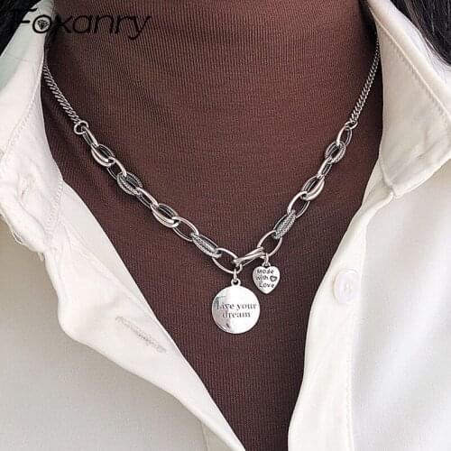 FOXANRY 925 Sterling Silver Thick Chain Necklace INS Fashion Hip Hop Vintage Design LOVE Heart Pendant Thai Silver Party Jewelry