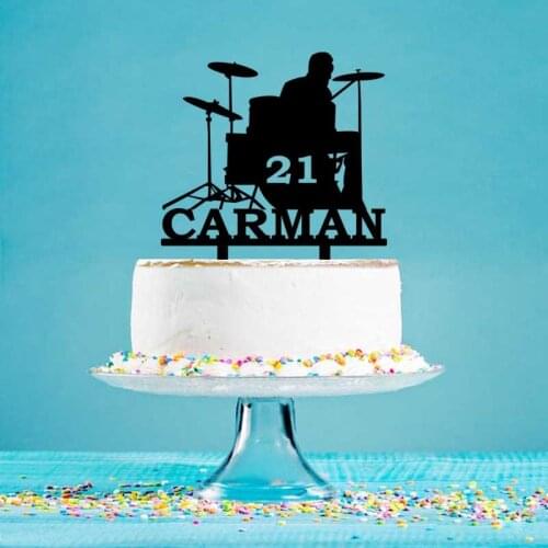 Personalized Mans Birthday Cake Topper Custom Name Age Man Playing Drum Set Cake Topper For Birthday Cake Decoration YC146