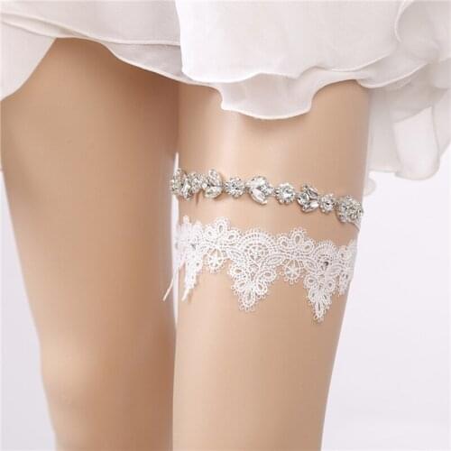 Crystal Wedding Garter Set Rhinestone Lace Flower Garter Beads White Sexy Garters For Women/Female/Bride Leg Ring Bridal Garter
