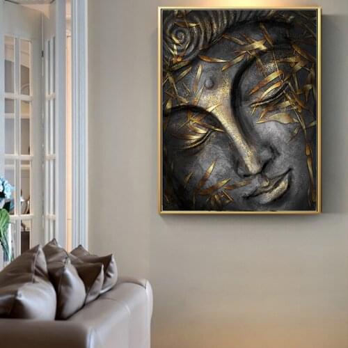 Canvas Painting Head Of Lord Buddha Statue With Golden Leaves Posters Prints Modern Wall Art Pictures Living Room Home Decor