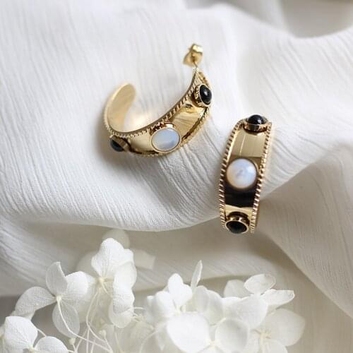 Delicate Baroque 18k Gold Color Hoop Earrings for Women Mother of Pearl Wide Gear Wheel EarringStainless Steel Jewelry for Women