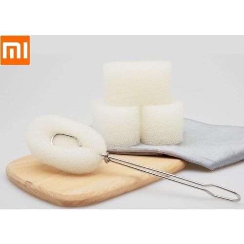 Xiaomi Stainless Steel Cup Brush with 3 Replaceable Sponge Brush Head Glass Wash Clean Bottle Cleaning cup brush Smart home